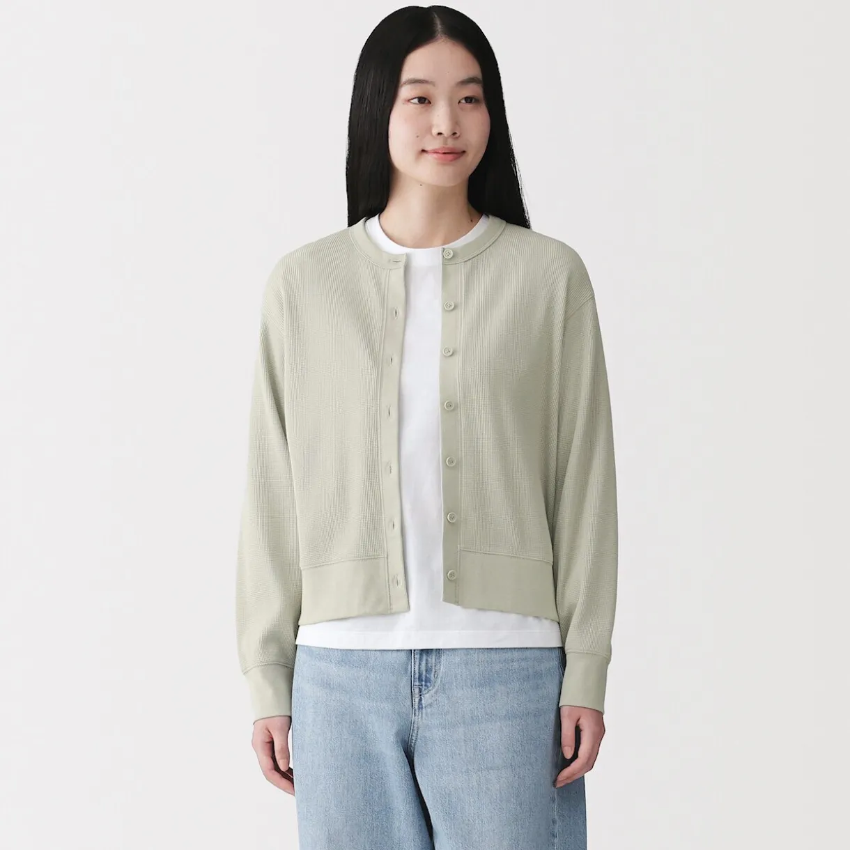 Cardigan à col ras du cou en coton biologique tricoté et gaufré pour femme