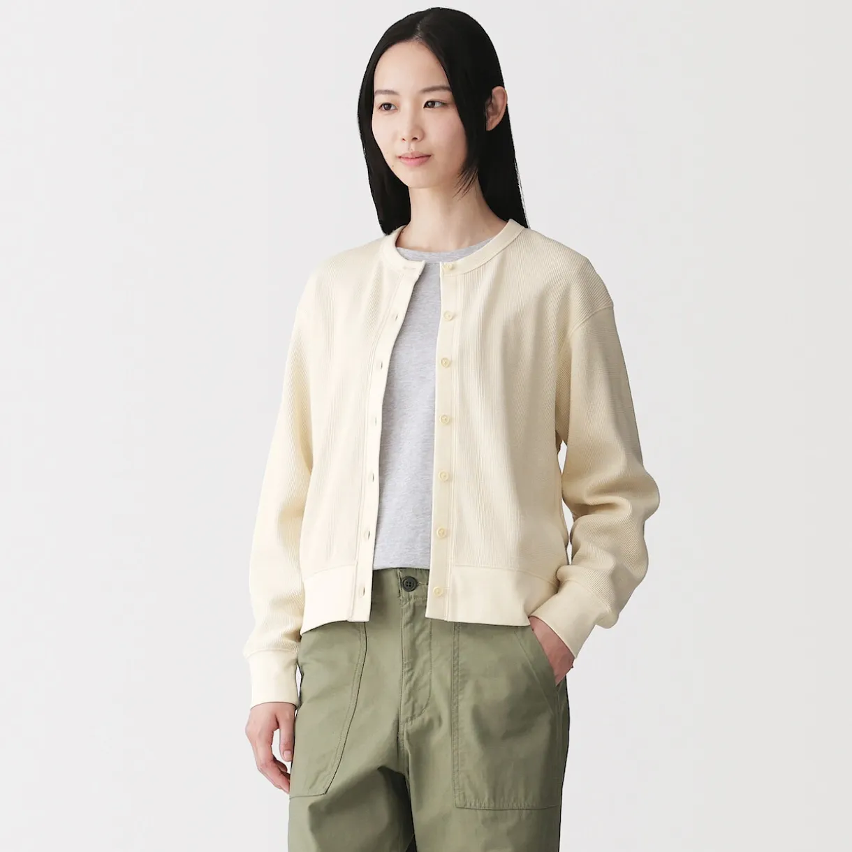 Cardigan à col ras du cou en coton biologique tricoté et gaufré pour femme