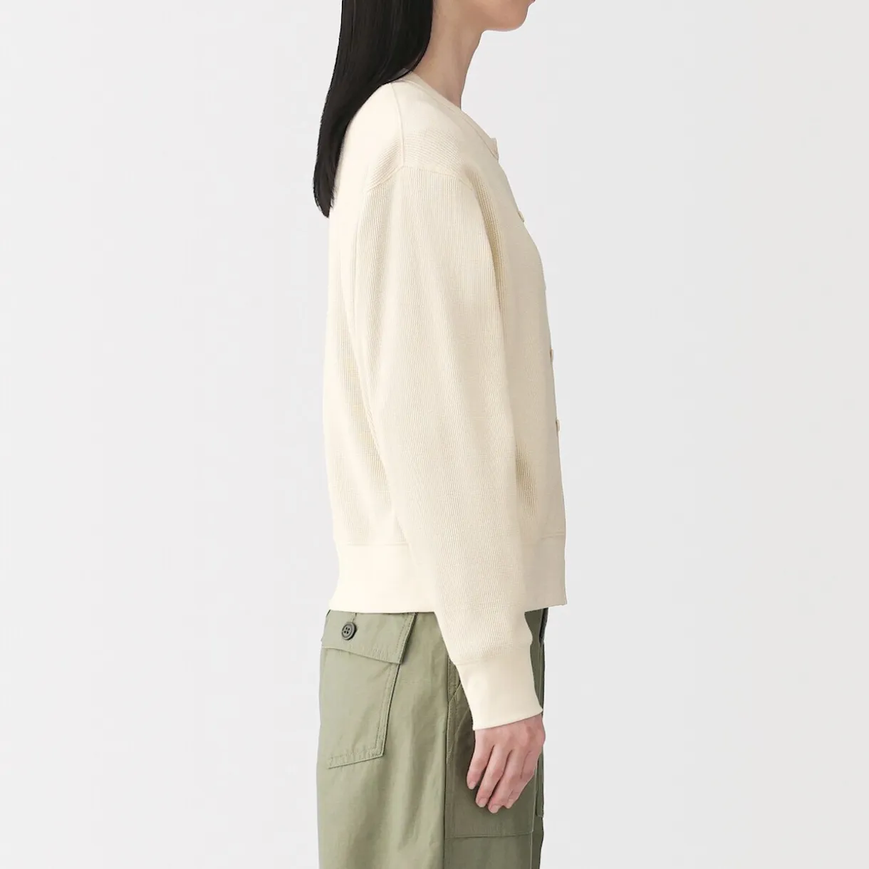 Cardigan à col ras du cou en coton biologique tricoté et gaufré pour femme