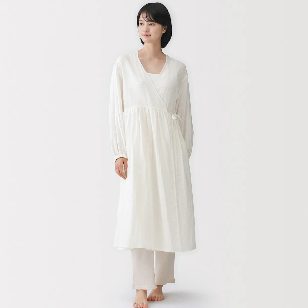 Cardigan long en double gaze à pois dobby pour femme