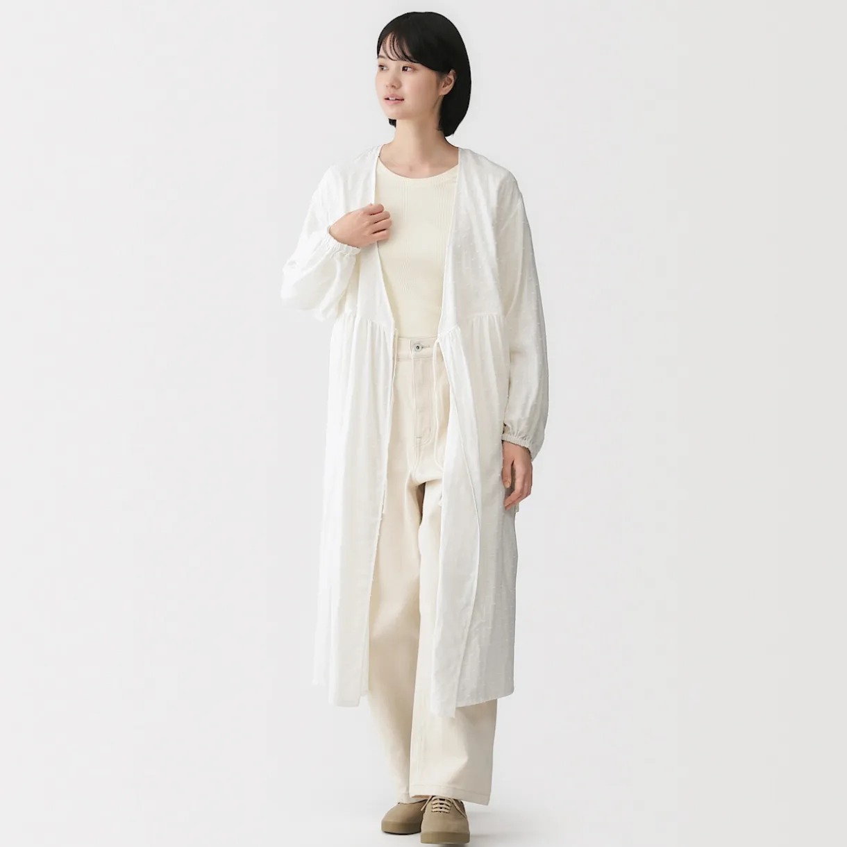 Cardigan long en double gaze à pois dobby pour femme