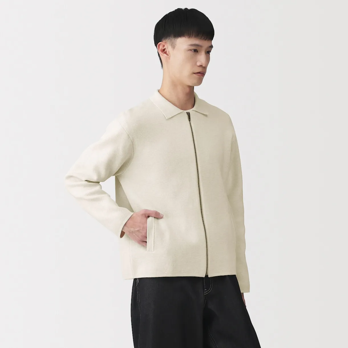 Cardigan zippé à col en maille côtelée Milano de coton pour homme