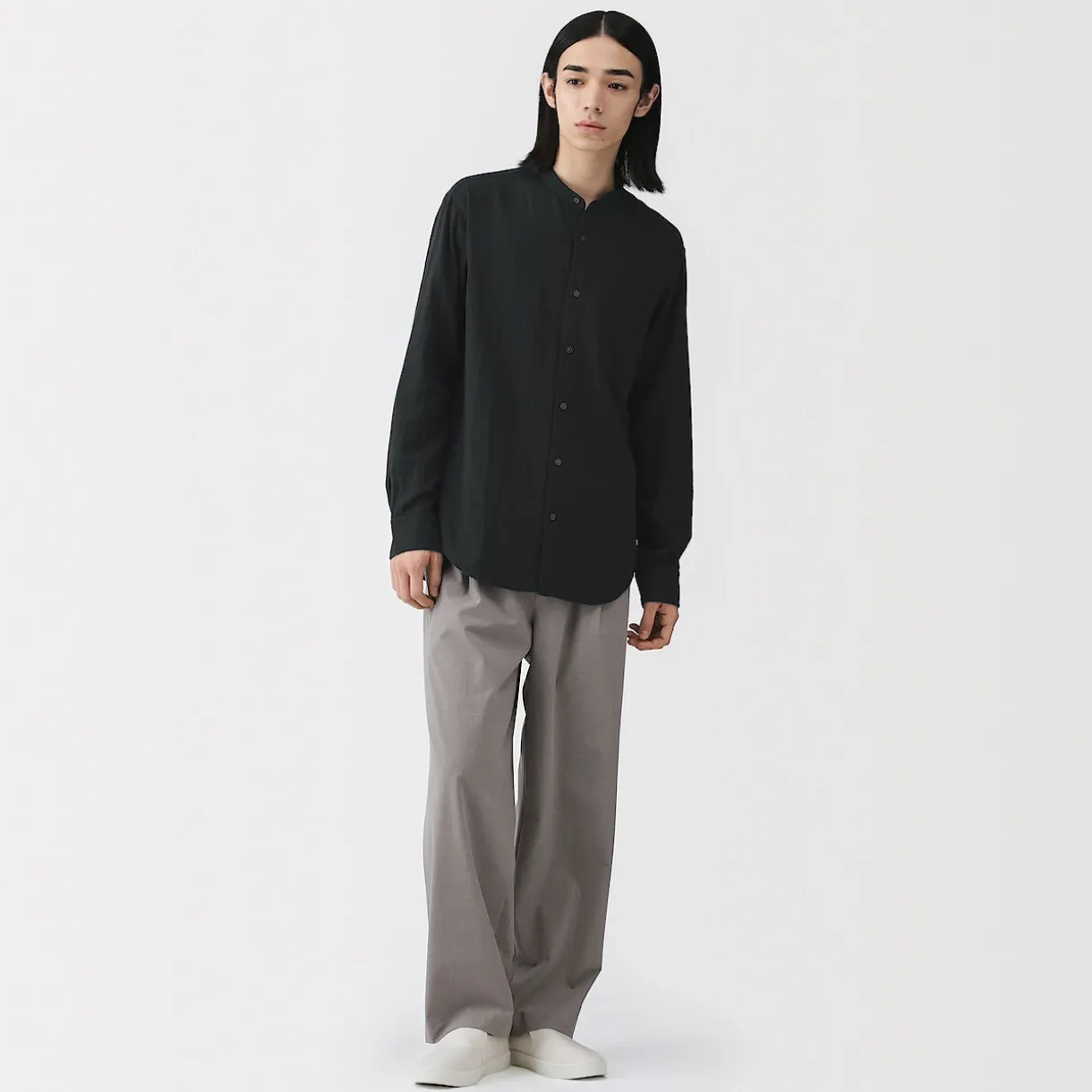 Chemise à col mao en double gaze de kapok mélangé pour homme