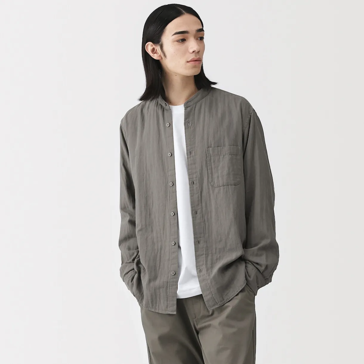 Chemise à col mao en double gaze de kapok mélangé pour homme