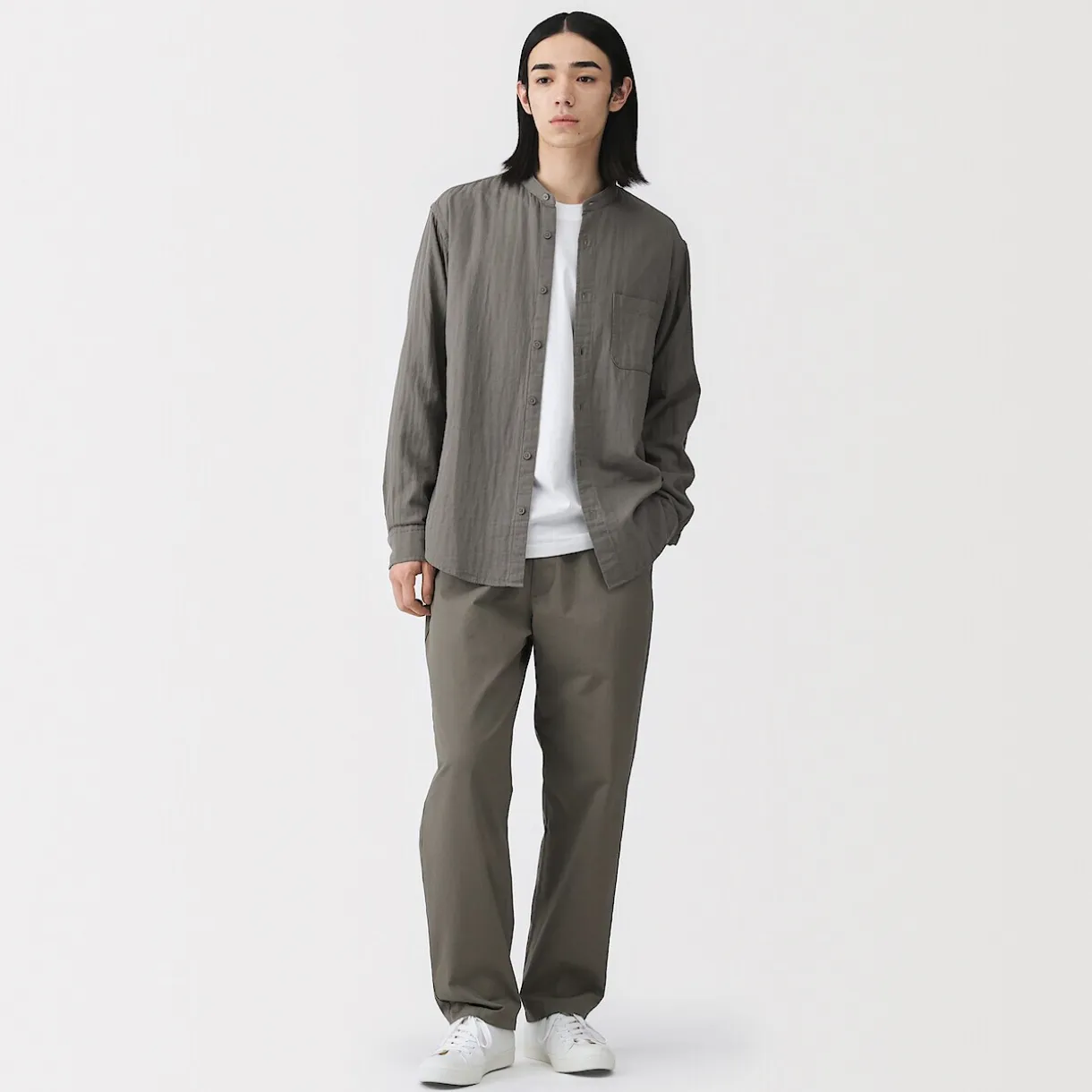 Chemise à col mao en double gaze de kapok mélangé pour homme
