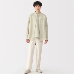 Chemise à col mao en lin lavé pour homme