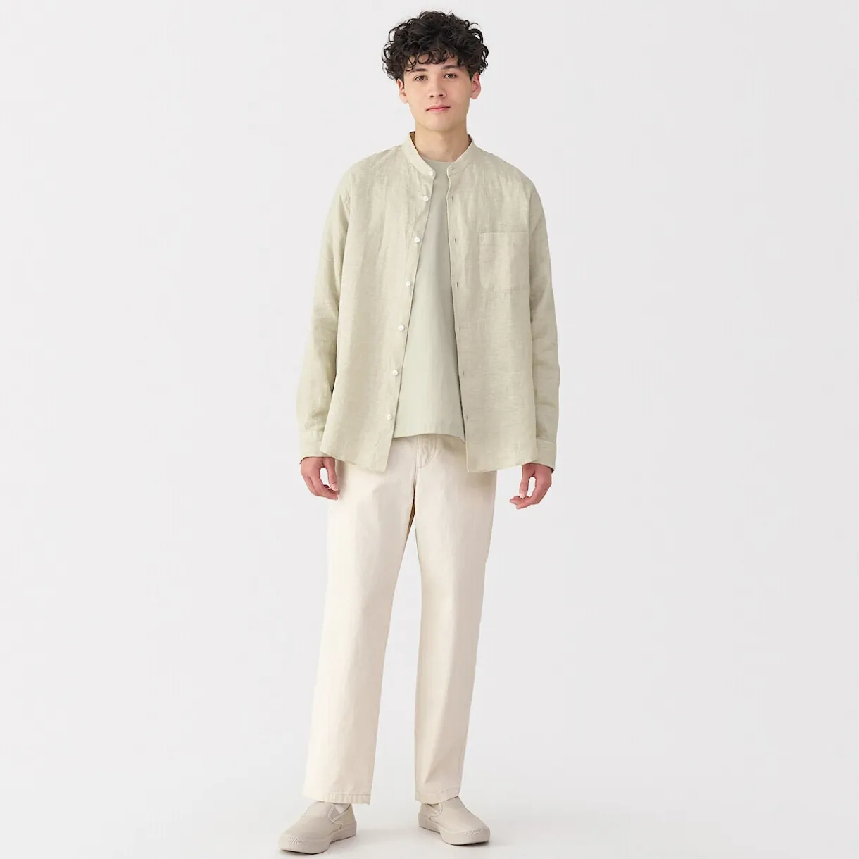 Chemise à col mao en lin lavé pour homme