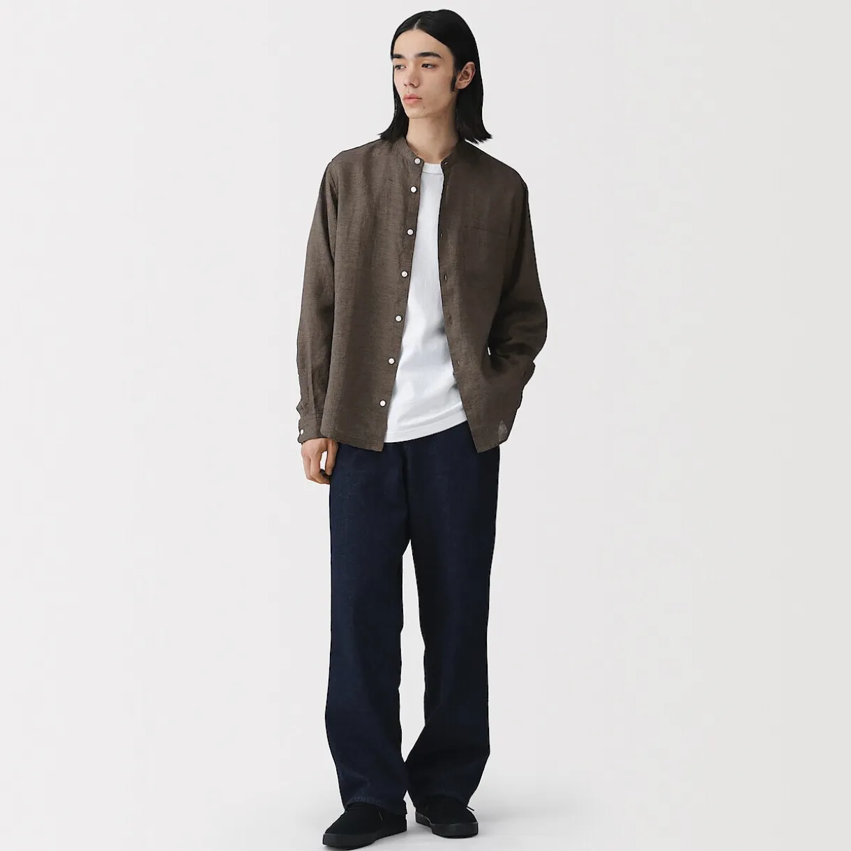 Chemise à col mao en lin lavé pour homme