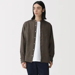 Chemise à col mao en lin lavé pour homme