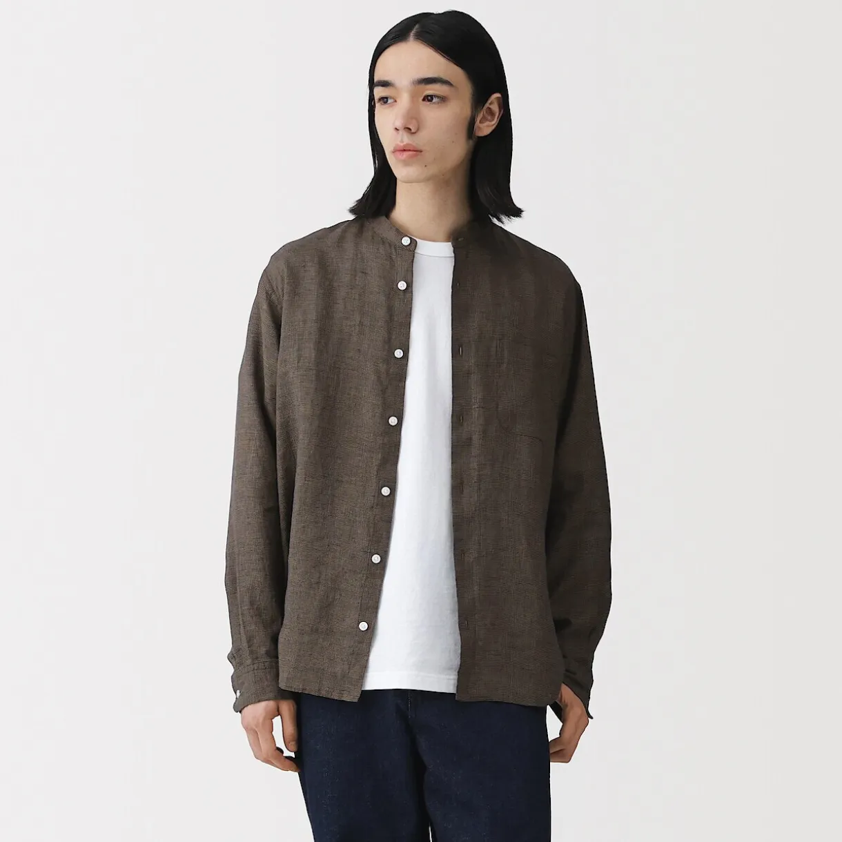 Chemise à col mao en lin lavé pour homme