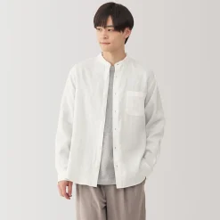 Chemise à col mao en lin lavé pour homme