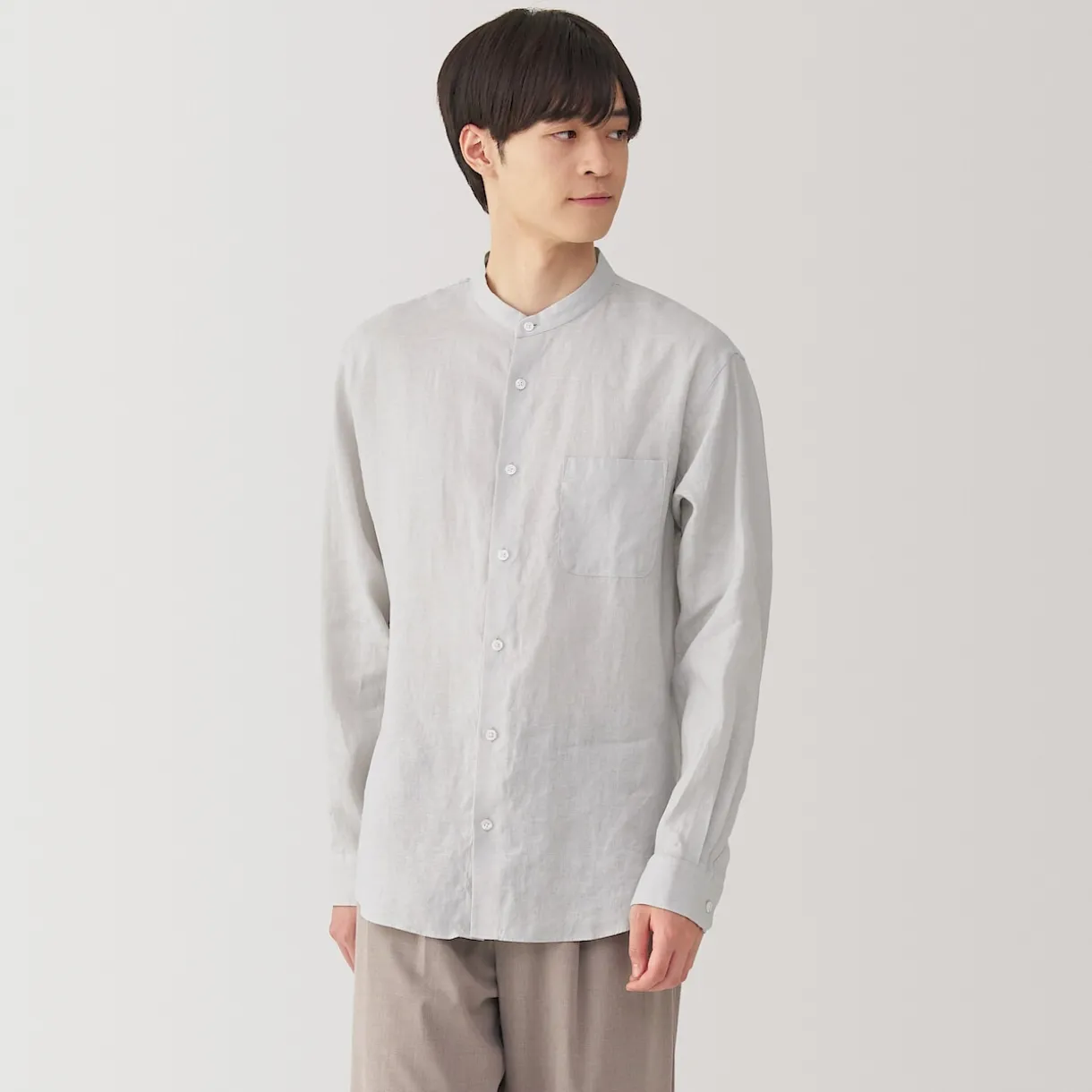 Chemise à col mao en lin lavé pour homme