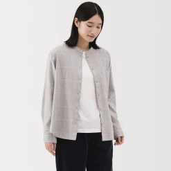 Chemise à col montant en flanelle brossée double femme