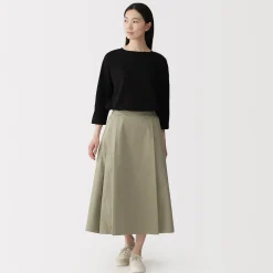 Jupe midi plissée et évasée en sergé de coton mélangé pour femme