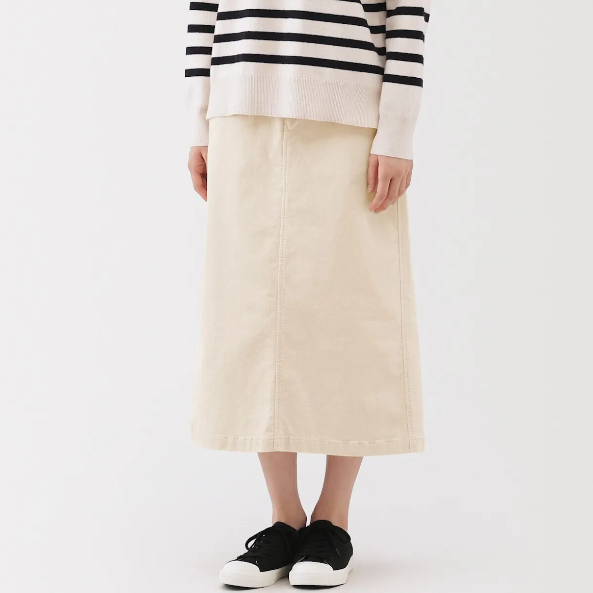 Jupe midi taille haute en velours côtelé extensible pour femme