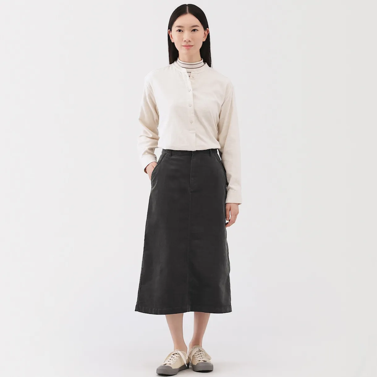 Jupe midi taille haute en velours côtelé extensible pour femme