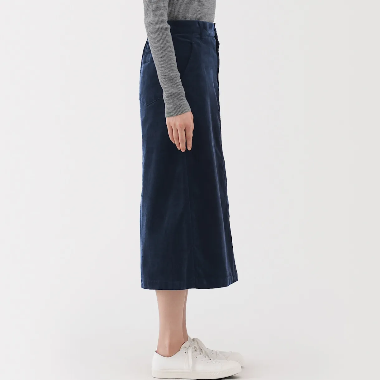 Jupe midi taille haute en velours côtelé extensible pour femme