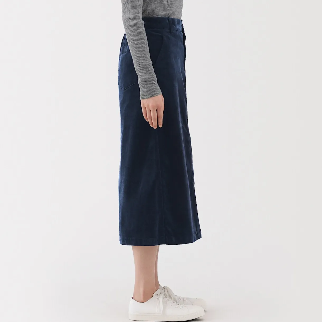 Jupe midi taille haute en velours côtelé extensible pour femme