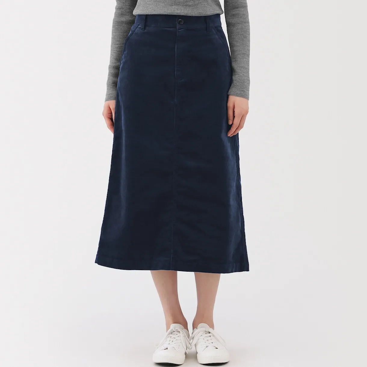 Jupe midi taille haute en velours côtelé extensible pour femme