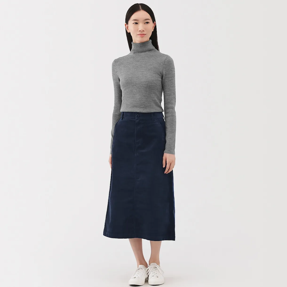 Jupe midi taille haute en velours côtelé extensible pour femme