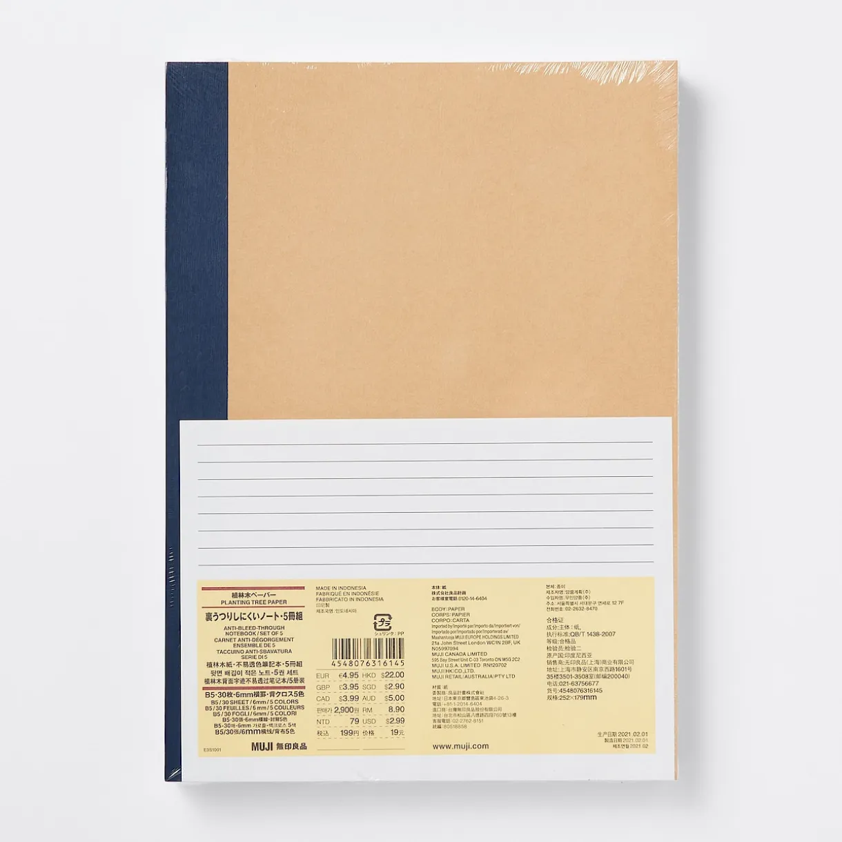 Lot de 5 carnets en papier d`arbres de plantation (B5)