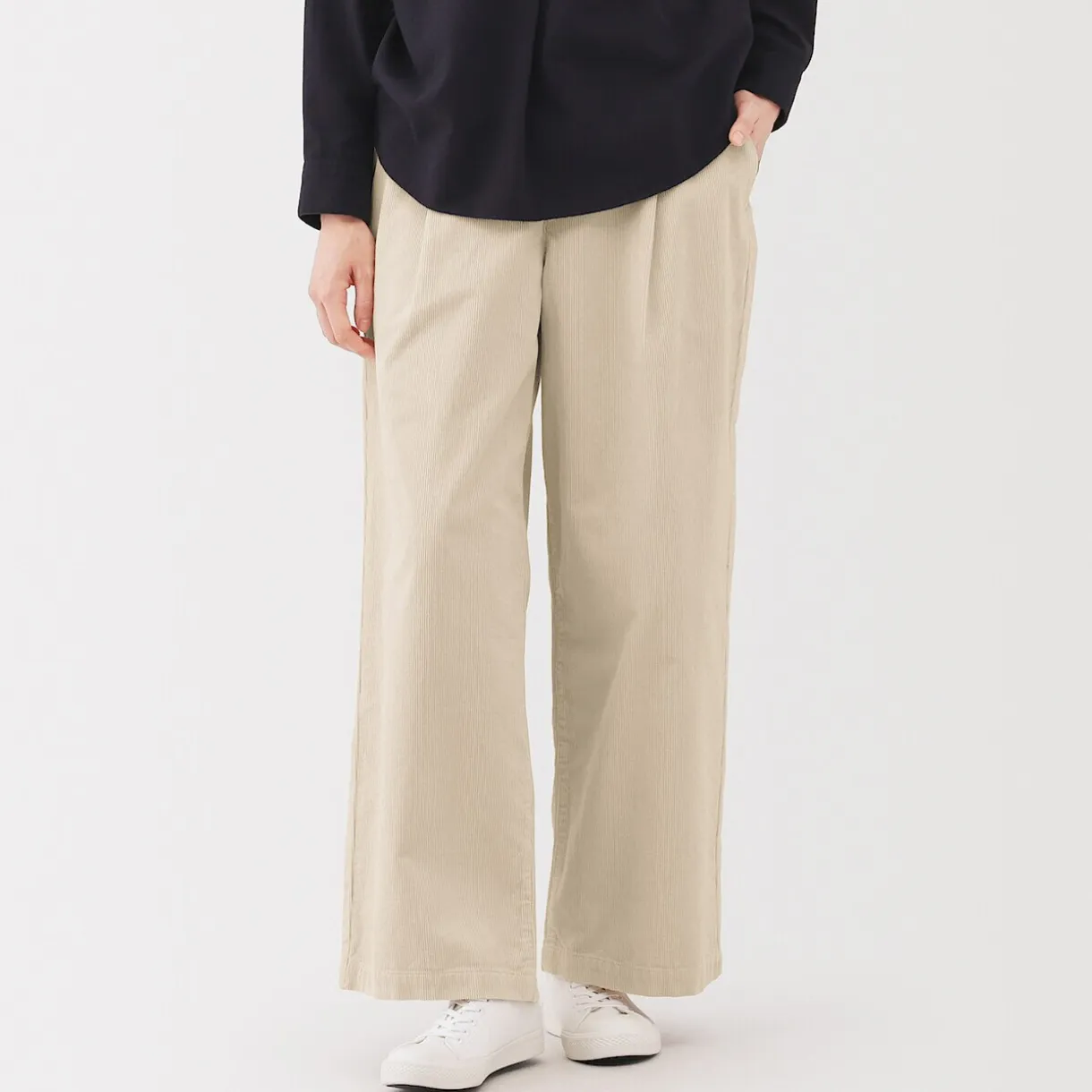 Pantalon large à plis en velours côtelé mélangé kapok pour femme