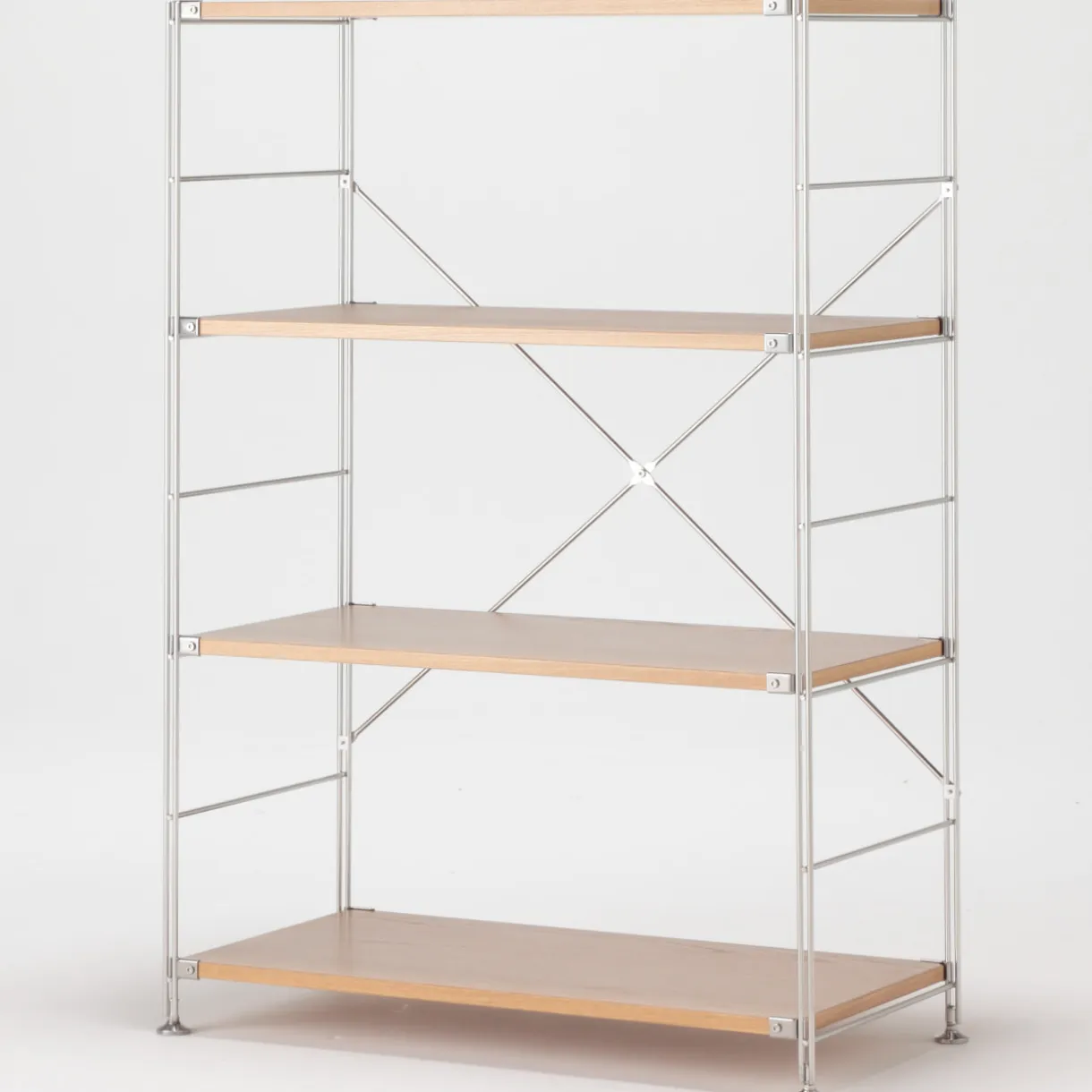 Étagère en acier inoxydable plaquée chêne large ‐ 4 niveaux (Dont Eco part. 2,80 €)