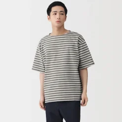 T-shirt à col bateau en coton épais délavé pour homme