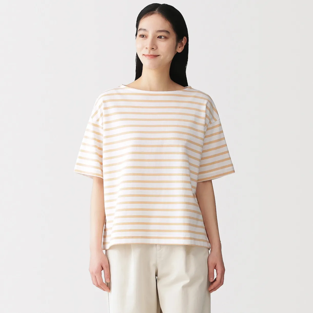 T-shirt à manches mi-longues et col bateau en coton épais pour femme