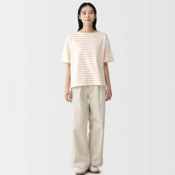 T-shirt à manches mi-longues et col bateau en coton épais pour femme