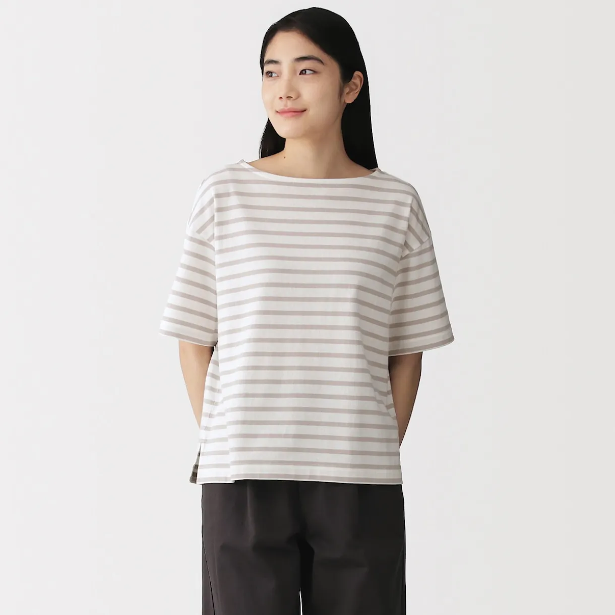 T-shirt à manches mi-longues et col bateau en coton épais pour femme