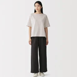 T-shirt à manches mi-longues et col bateau en coton épais pour femme