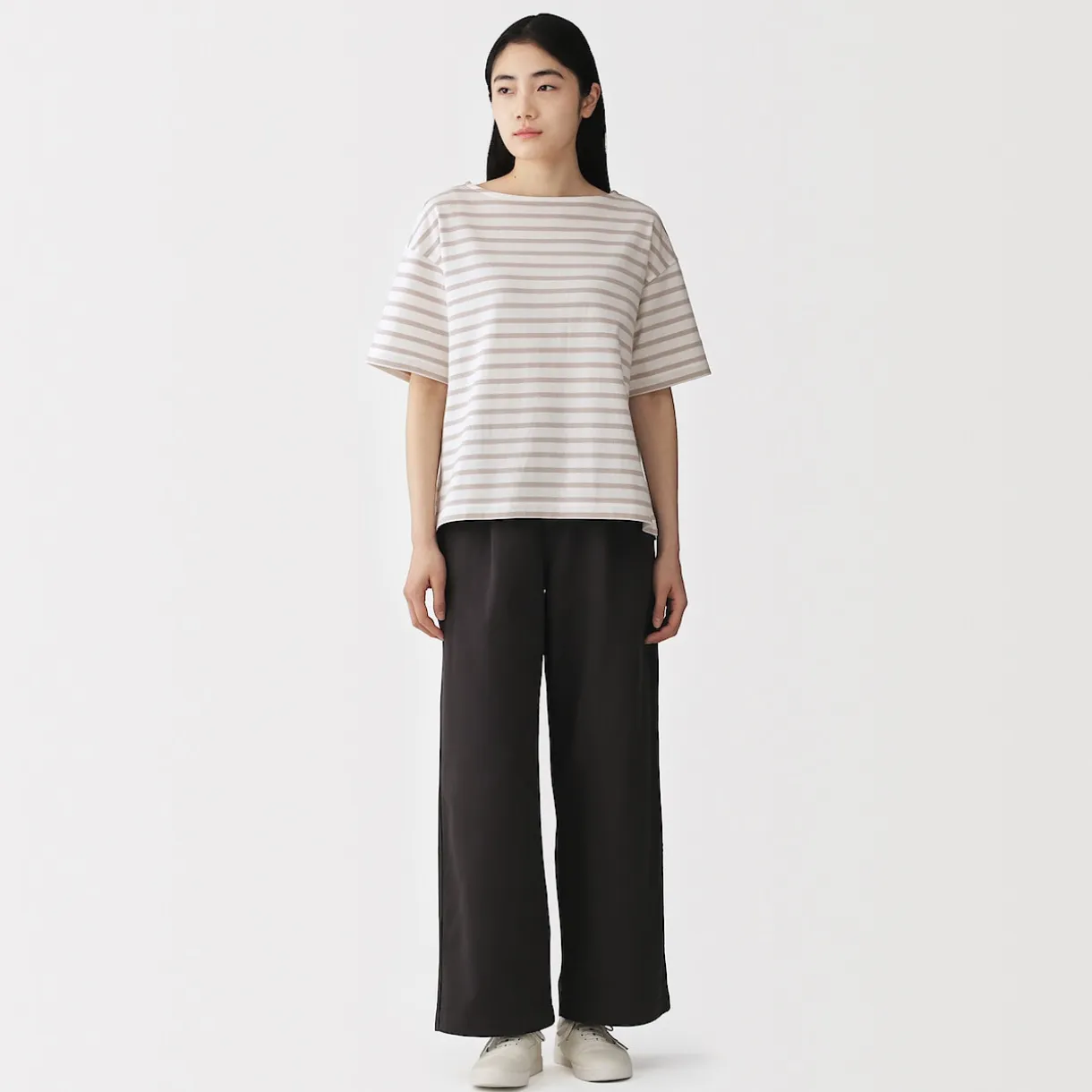 T-shirt à manches mi-longues et col bateau en coton épais pour femme