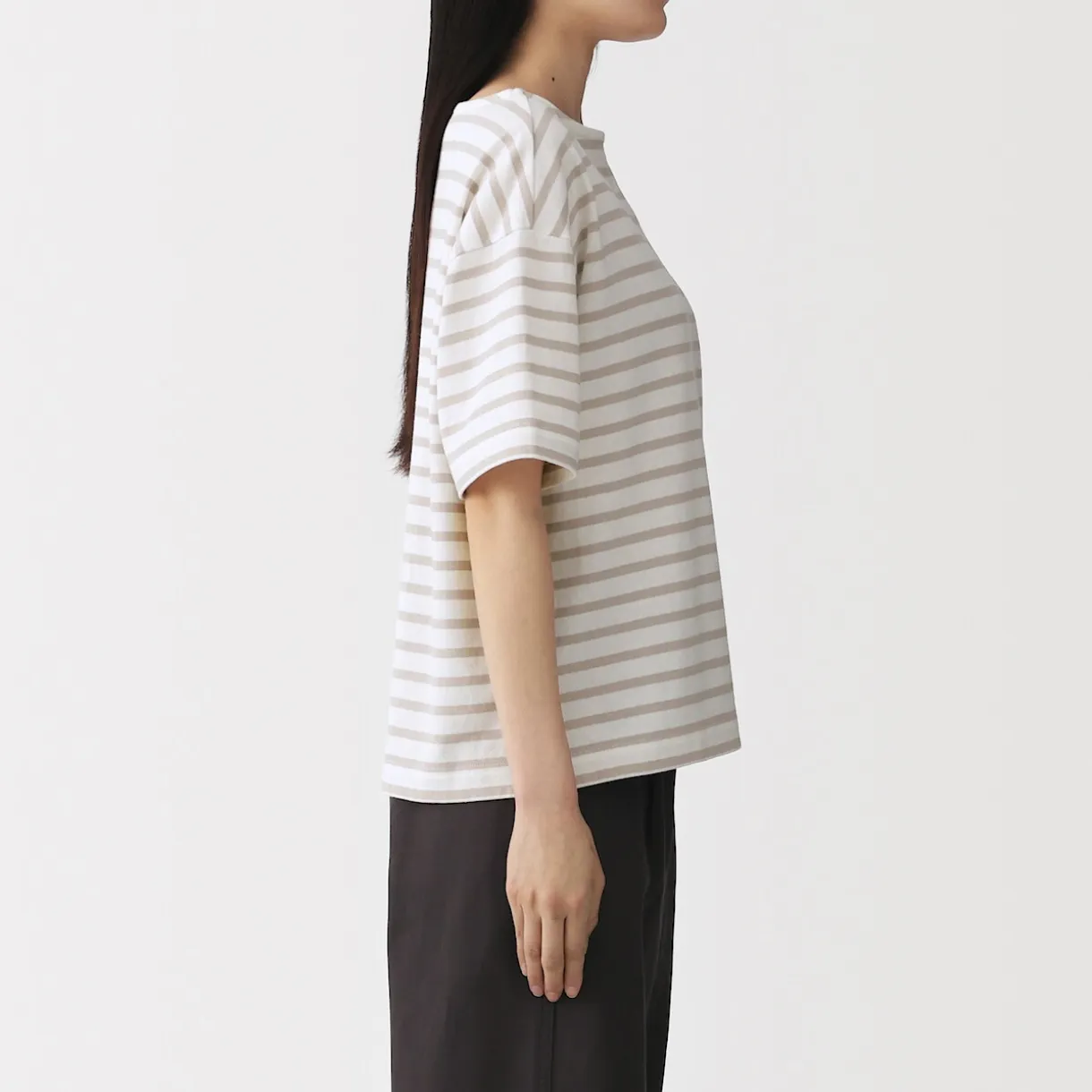 T-shirt à manches mi-longues et col bateau en coton épais pour femme