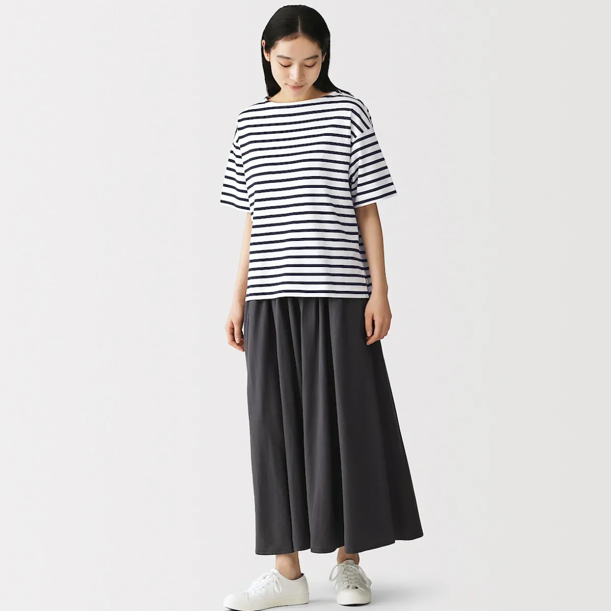T-shirt à manches mi-longues et col bateau en coton épais pour femme