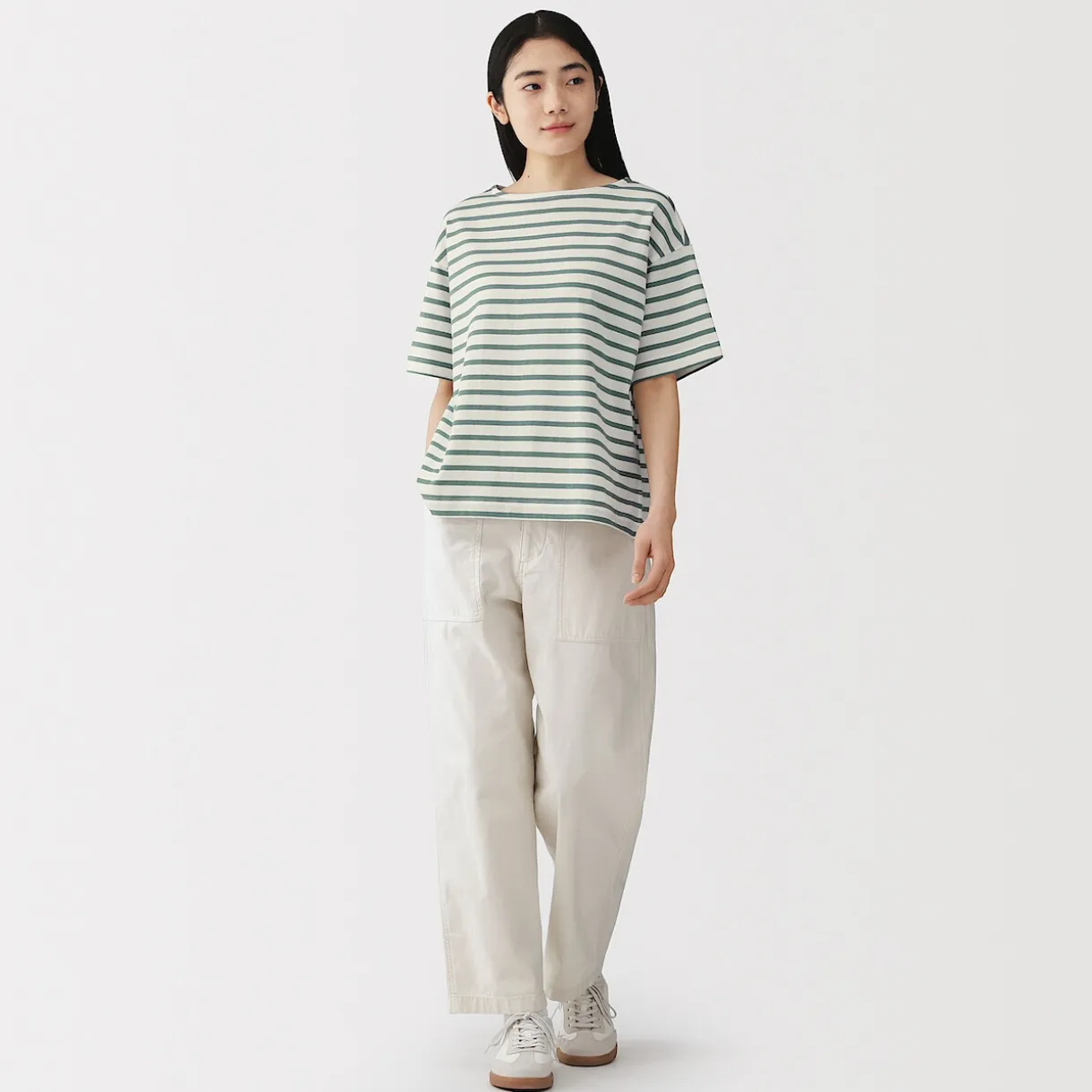 T-shirt à manches mi-longues et col bateau en coton épais pour femme