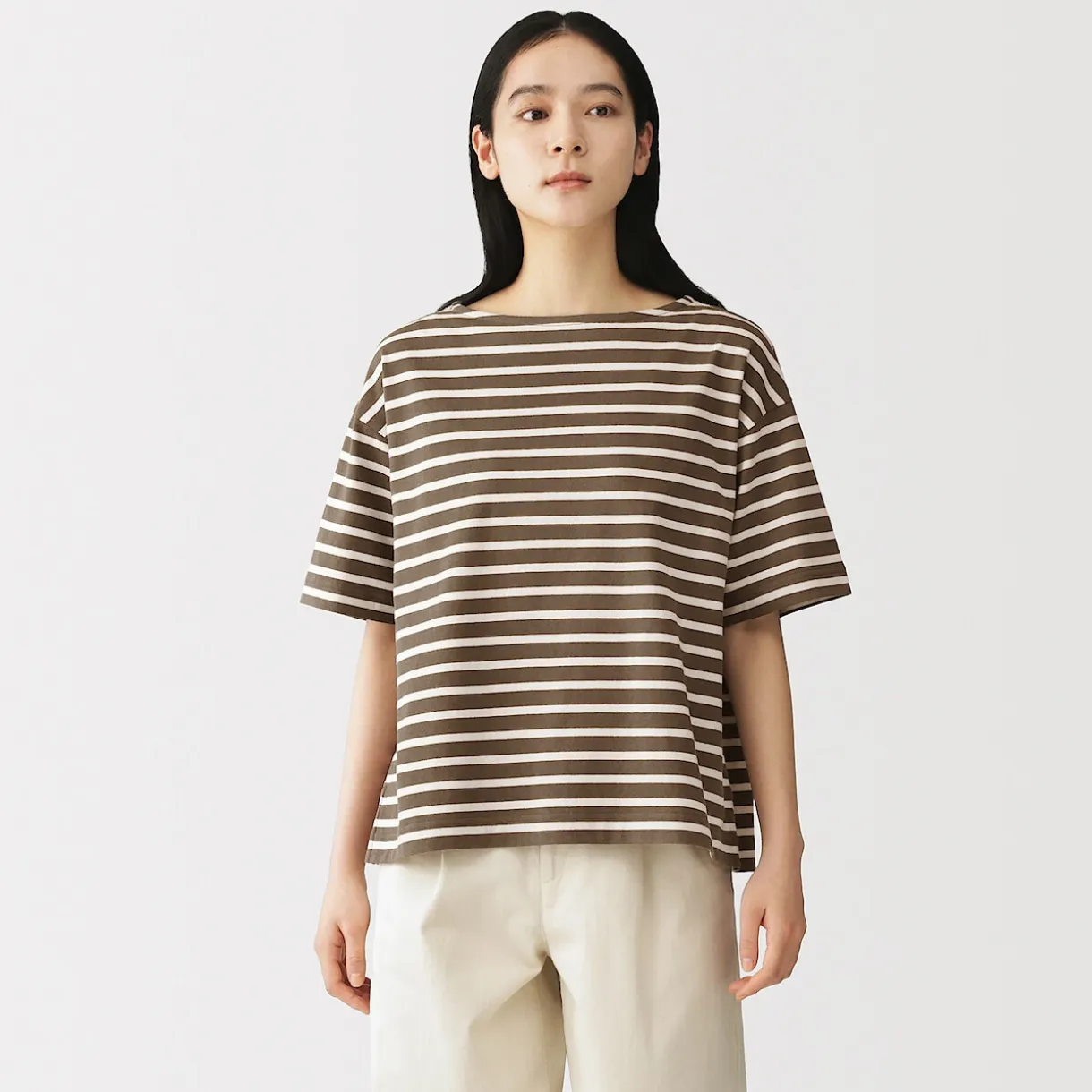 T-shirt à manches mi-longues et col bateau en coton épais pour femme