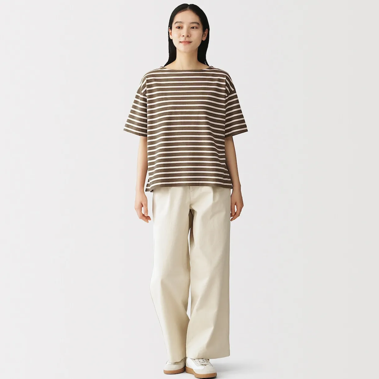 T-shirt à manches mi-longues et col bateau en coton épais pour femme