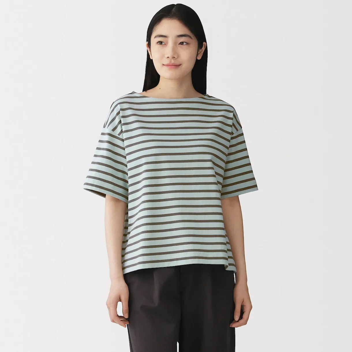 T-shirt à manches mi-longues et col bateau en coton épais pour femme