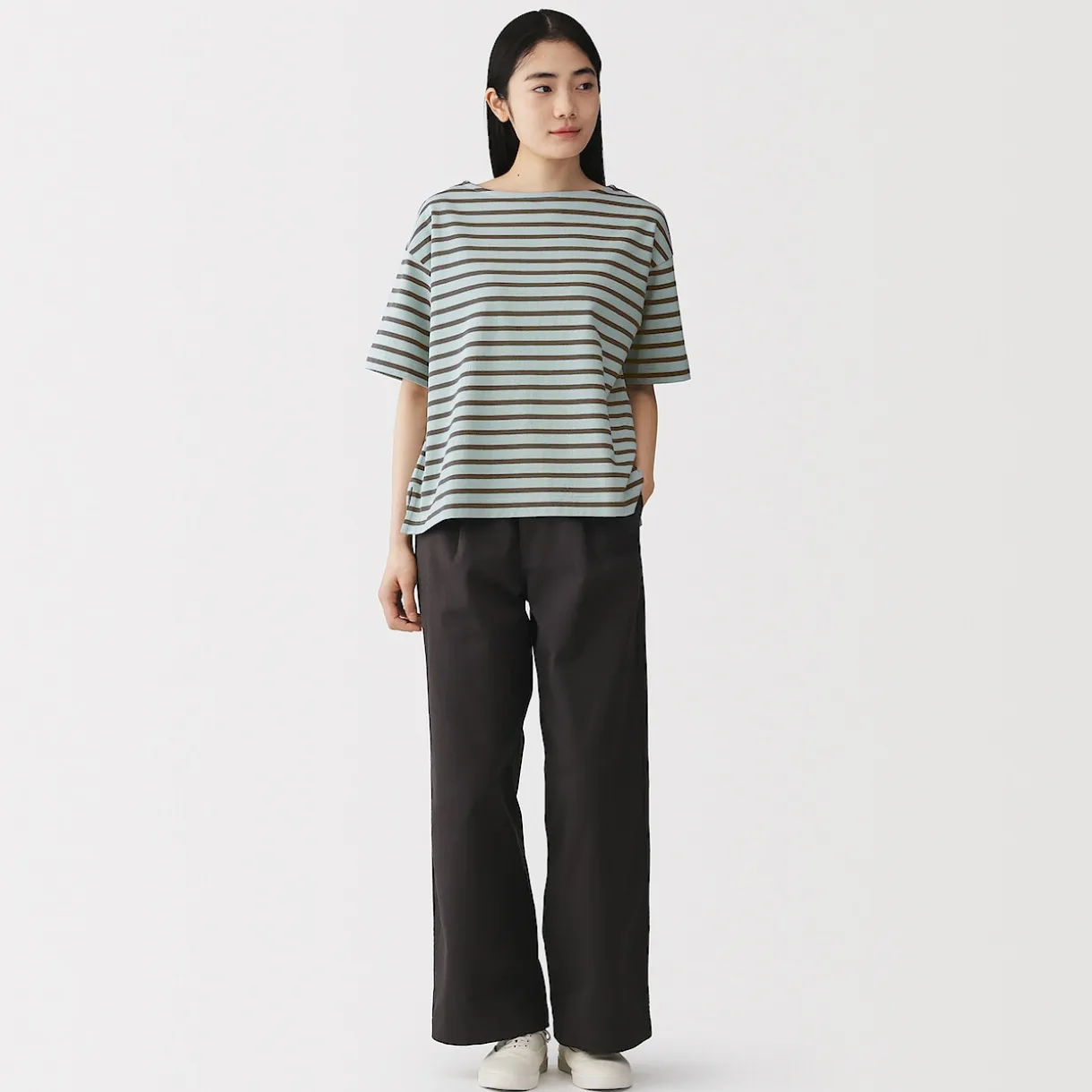 T-shirt à manches mi-longues et col bateau en coton épais pour femme