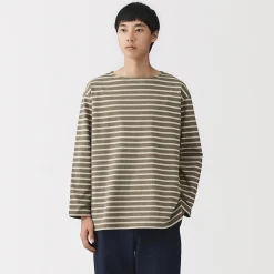 T-shirt délavé à manches longues et à col bateau en coton épais pour homme