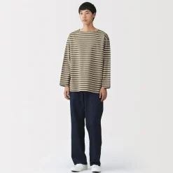 T-shirt délavé à manches longues et à col bateau en coton épais pour homme
