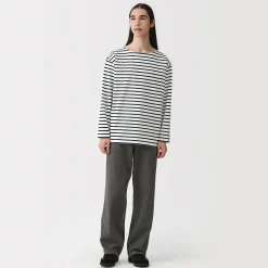 T-shirt délavé à manches longues et à col bateau en coton épais pour homme