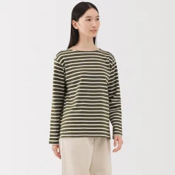 T‐shirt en coton épais manches longues col bateau pour femme
