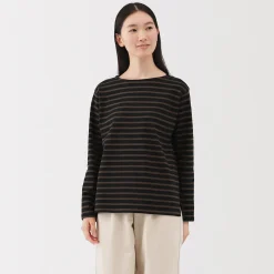 T‐shirt en coton épais manches longues col bateau pour femme