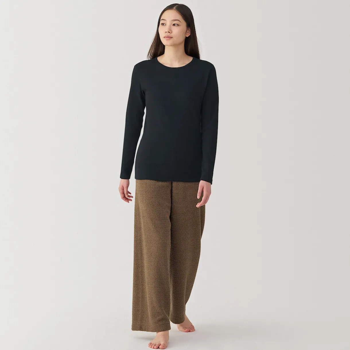 T‐shirt manches longues col rond en coton et laine chauds pour femme