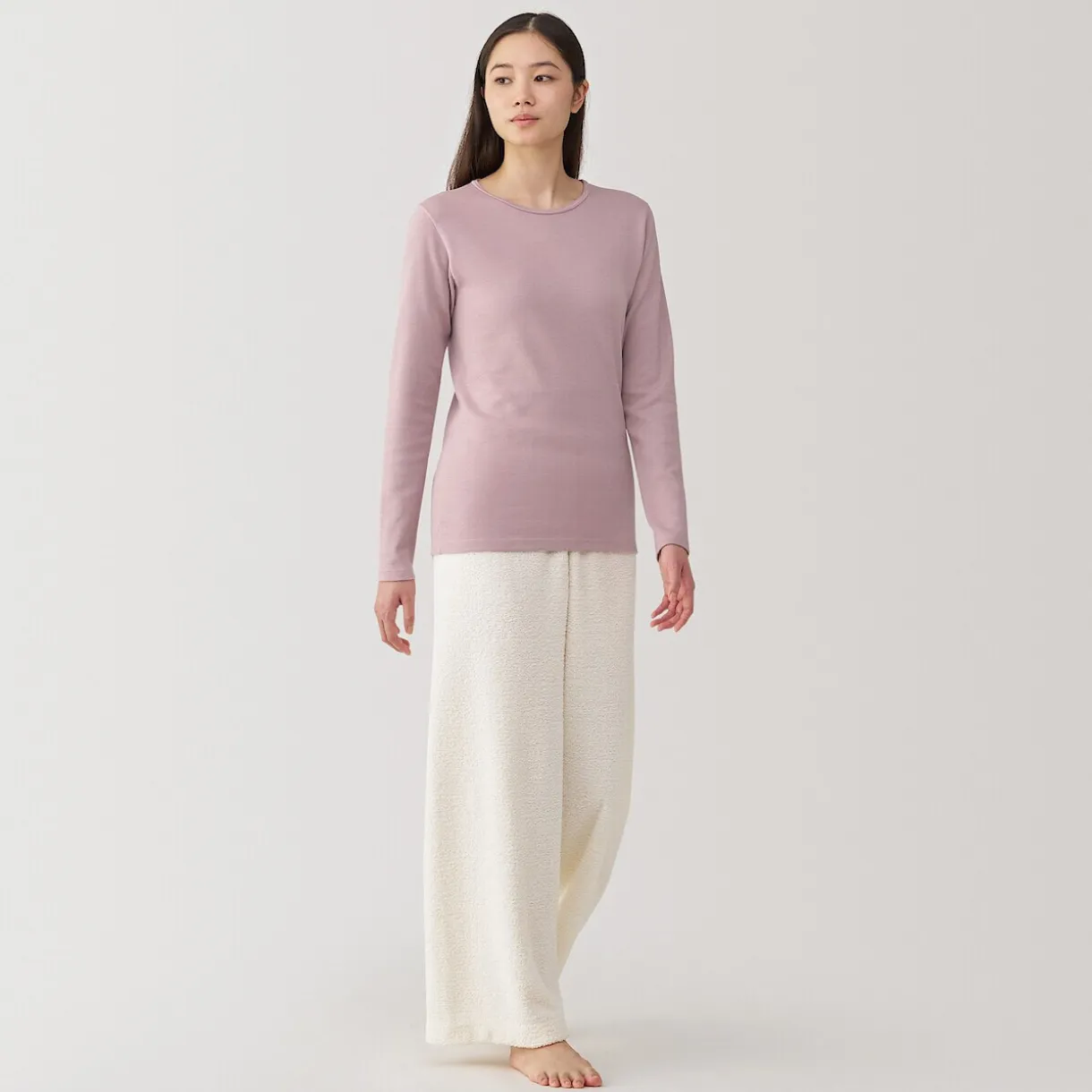 T‐shirt manches longues col rond en coton et laine chauds pour femme