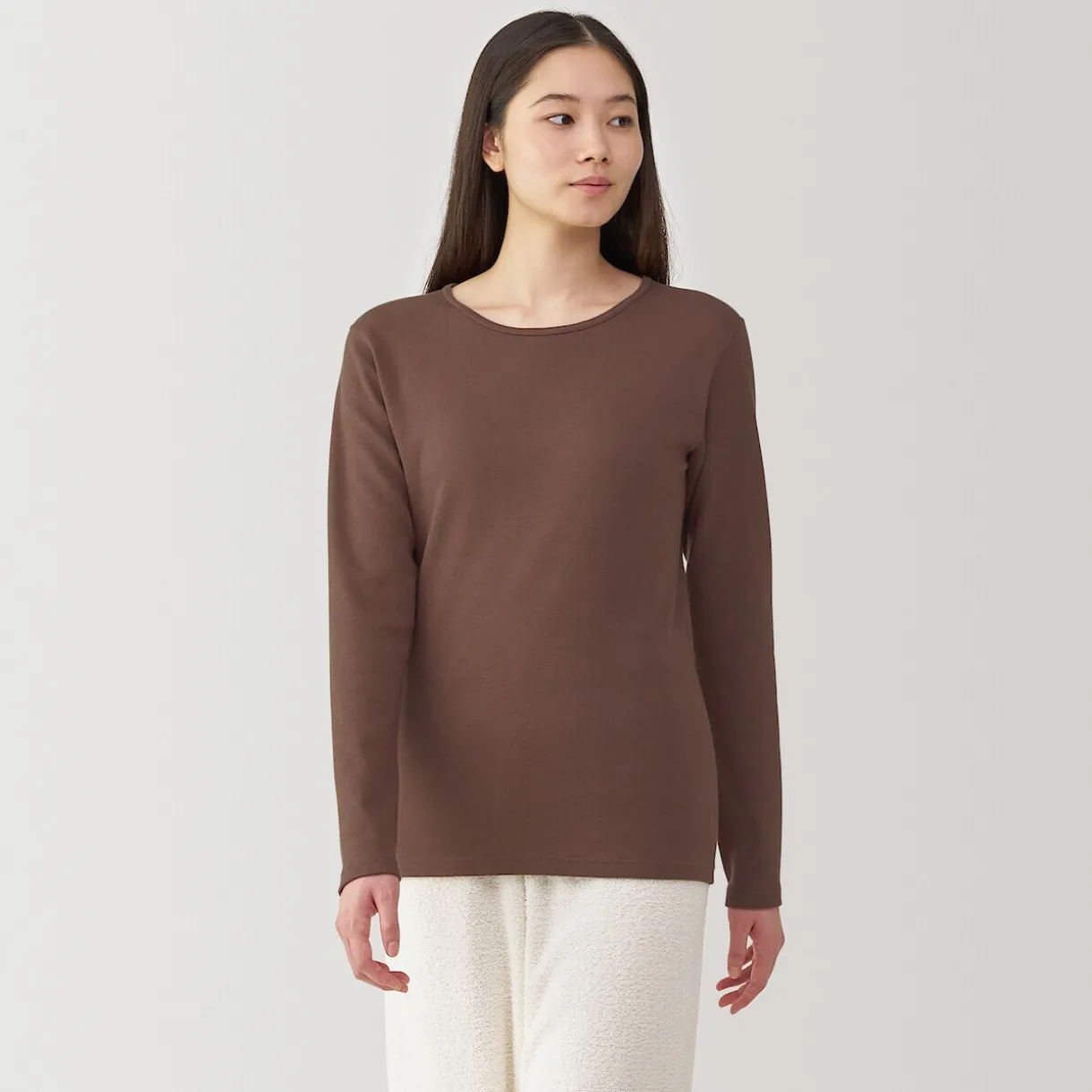 T‐shirt manches longues col rond en coton et laine chauds pour femme