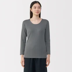 T‐shirt manches longues col U en coton épais et chaud pour femme