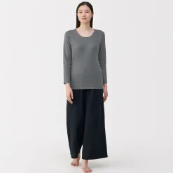 T‐shirt manches longues col U en coton épais et chaud pour femme